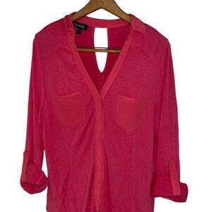 Bebe Y2K Blouse Women’s Large Button Up Long Sleeve Roll Tab Shirt Coral Pink